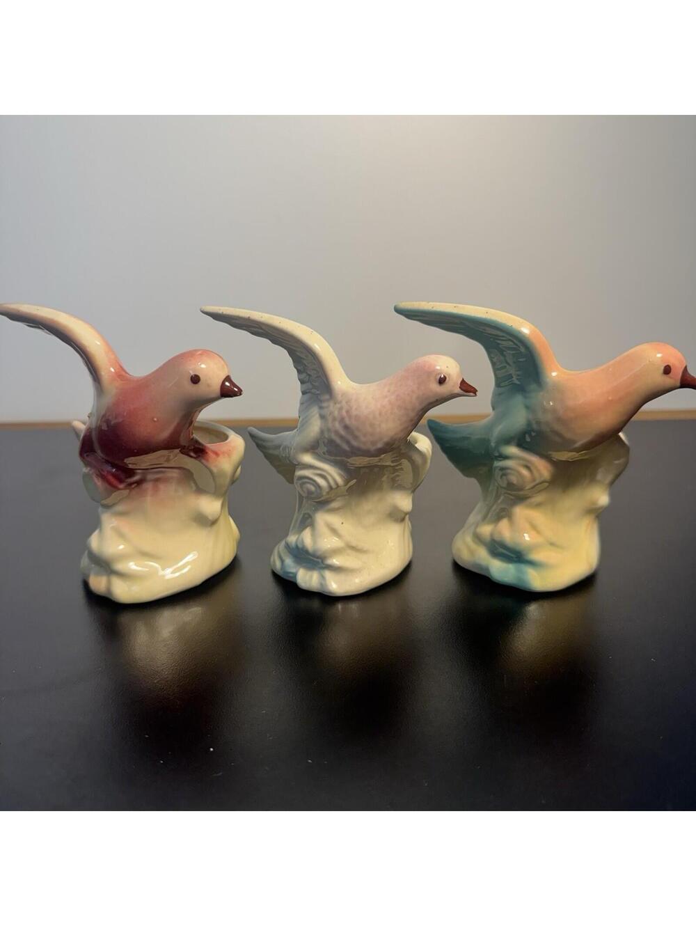 3 Vintage Ceramic Bird Figurines One Planter Pink Green Blue  4.5”
